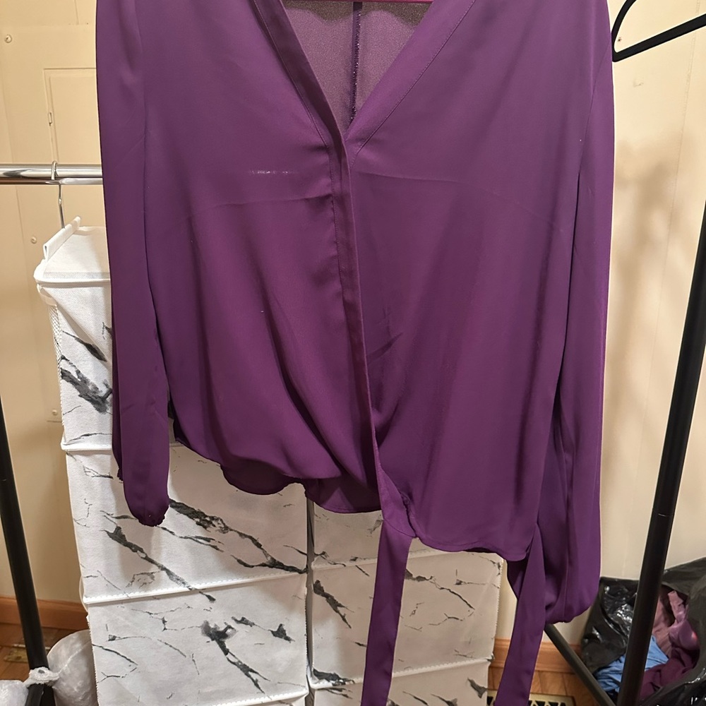 New York & Company Purple Asymmetrical Tie Front Blouse